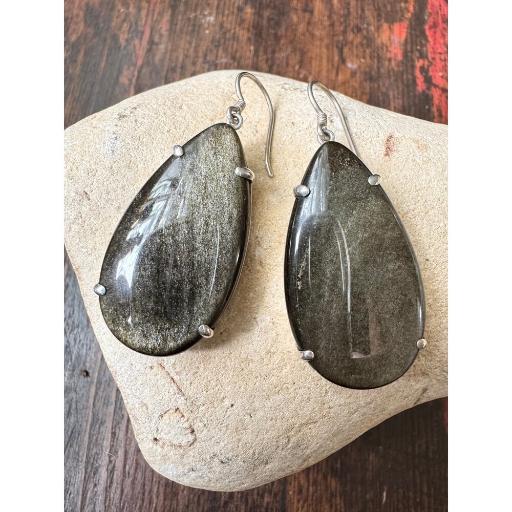 Golden Obsidian Tear Drop Earrings Prong Set Sterling 925 Silver Earrings